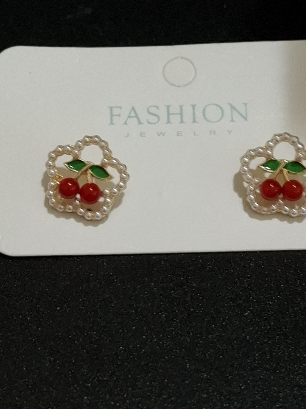 FASHION Jewelry Red Cherry Pearl-Frame Stud Earrings with Green Leaves